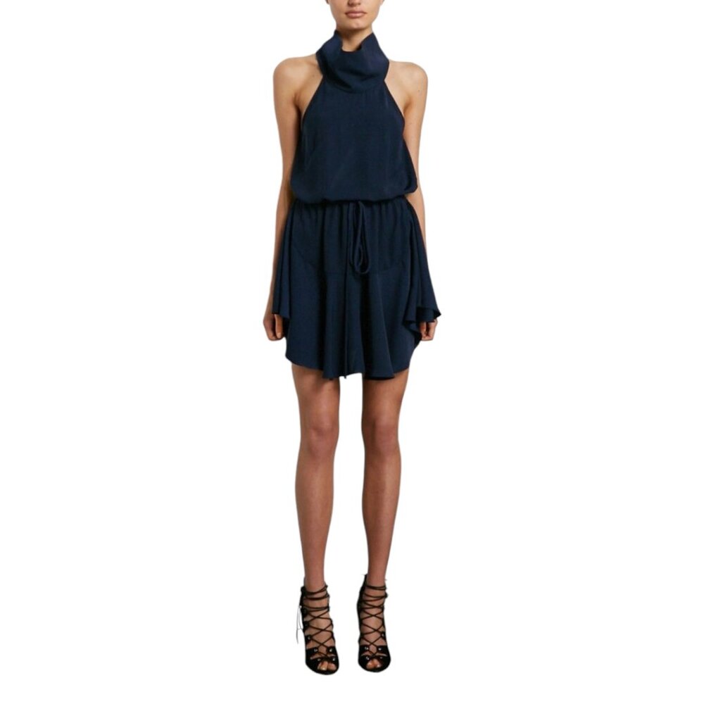 SHONA JOY | San Matias Navy High Neck Drawstring Mini Dress in Size US 2